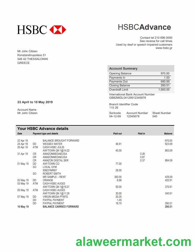 Greece HSBC bank statement